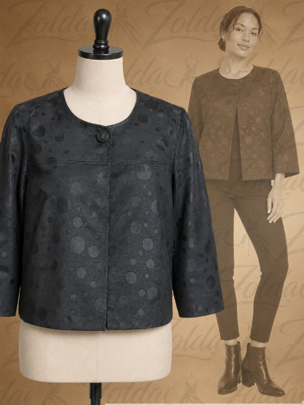 Spense Black Tonal Polka Dot Jacquard Jacket L Cropped Mod Artsy
